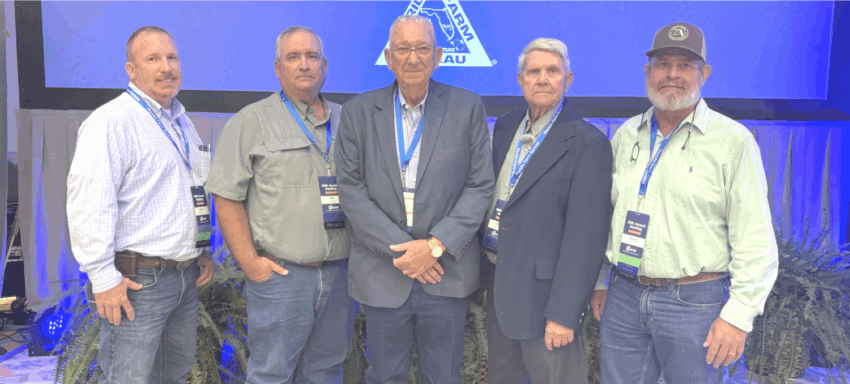 Friends and fellow Farm Bureau leaders from across North Florida came together at the recent Florida Farm Bureau Annual Meeting to collaborate and celebrate their shared dedication to supporting farmers statewide. Pictured, from left to right, are: Jeffery Hamrick (Madison County, State Board Member), Billy Wayne Murphy (Taylor County Farm Bureau President), Rod Land (Lafayette County Farm Bureau President), Richard Terry (Madison County Farm Bureau President) and Ernest Fulford (Jefferson County Farm Bureau President). [Emerald Greene/Greene Publishing, Inc.]